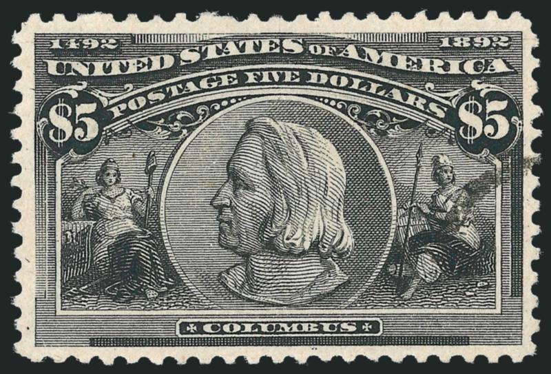 $5.00 Columbian (245).> Exceptionally well-centered, tiny part of the rim of a face-free circular datestamp at right, almost blends in with the design, internal crease at right, otherwise Very Fine and choice,
with 1991 P.F. certificate