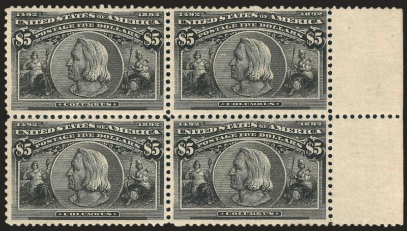 $5.00 Columbian (245).> Block of four with selvage at right, original gum, lightly hinged, intense shade and impression<><>^VERY FINE. A SCARCE ORIGINAL-GUM BLOCK OF FOUR OF THE $5.00 COLUMBIAN ISSUE.^<><>With
2008 P.F. certificate