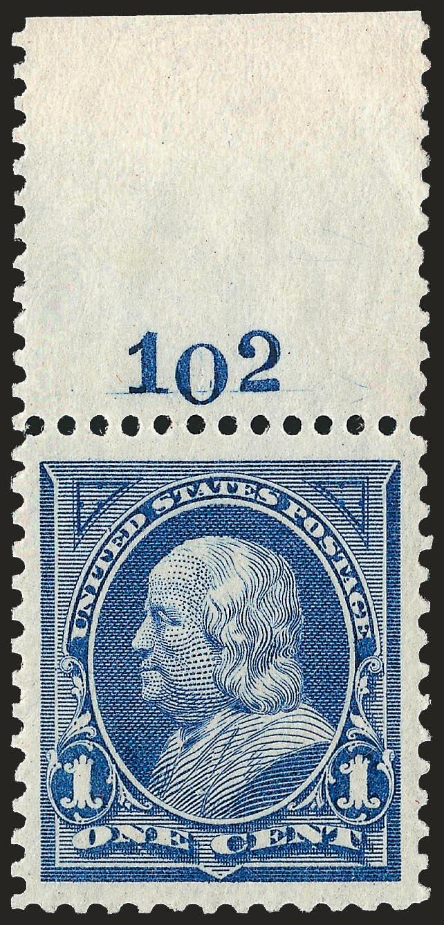 1c Blue (247).> Mint N.H. with plate no. 102 at top, deep rich color and sharp proof-like impression, almost perfectly centered with huge margins all around<><>^EXTREMELY FINE GEM. A MAGNIFICENT MINT
NEVER-HINGED EXAMPLE OF THE 1894 ONE-CENT UNWATE