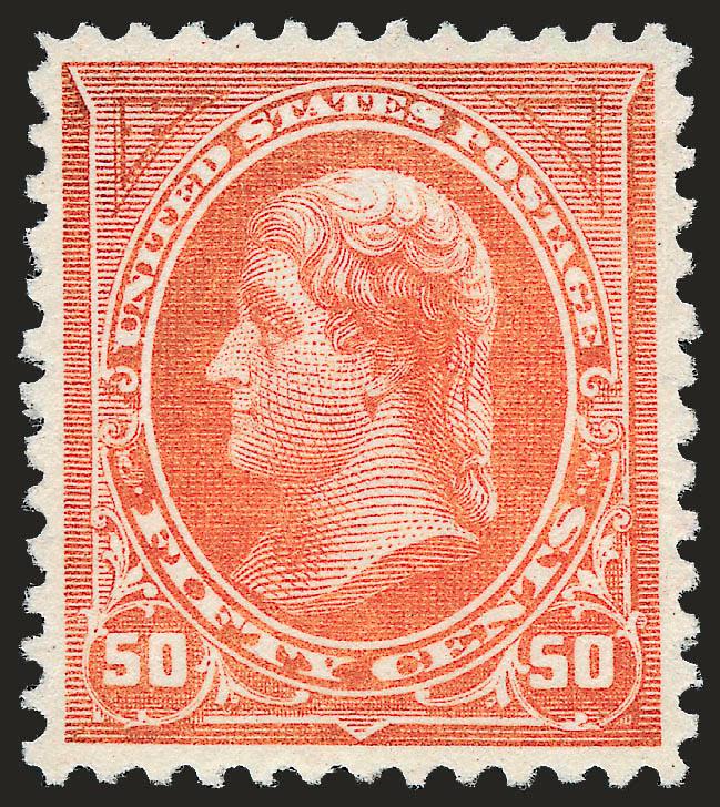 50c Orange (260).> Mint N.H., radiant color on bright paper, unusually choice centering with wide and balanced margins<><>^EXTREMELY FINE. A BEAUTIFUL MINT NEVER-HINGED EXAMPLE OF THE 1894 50-CENT UNWATERMARKED
BUREAU ISSUE.^<><>With 2008 P.S.E.