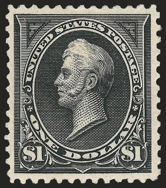 $1.00 Black, Ty. II (261A).> Original gum, lightly hinged, intense shade and impression, wide margins<><>^EXTREMELY FINE ORIGINAL-GUM EXAMPLE OF THE 1894 $1.00 TYPE II UNWATERMARKED BUREAU ISSUE.^<><>Ex Morris.
With 1987 P.F. and 2008 P.S.E. cert