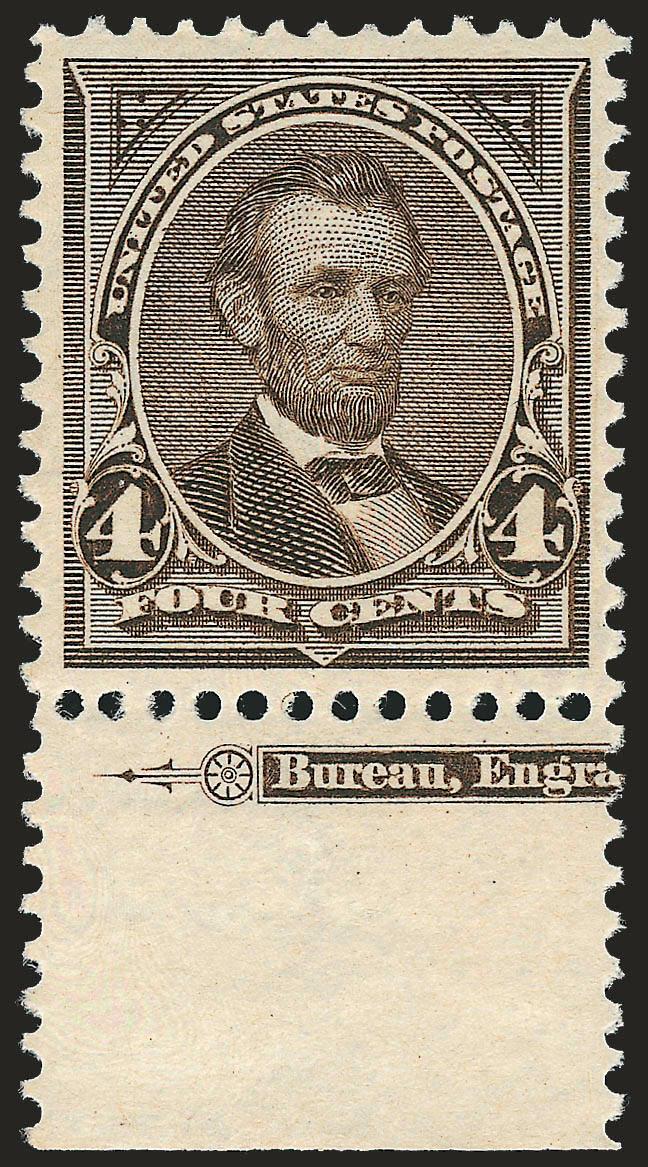 4c Dark Brown (269).> Mint N.H. with <part imprint selvage at bottom,> pretty shade, well-proportioned margins, fresh and Extremely Fine, with 2008 P.S.E. certificate (XF 90 SMQ $530.00)