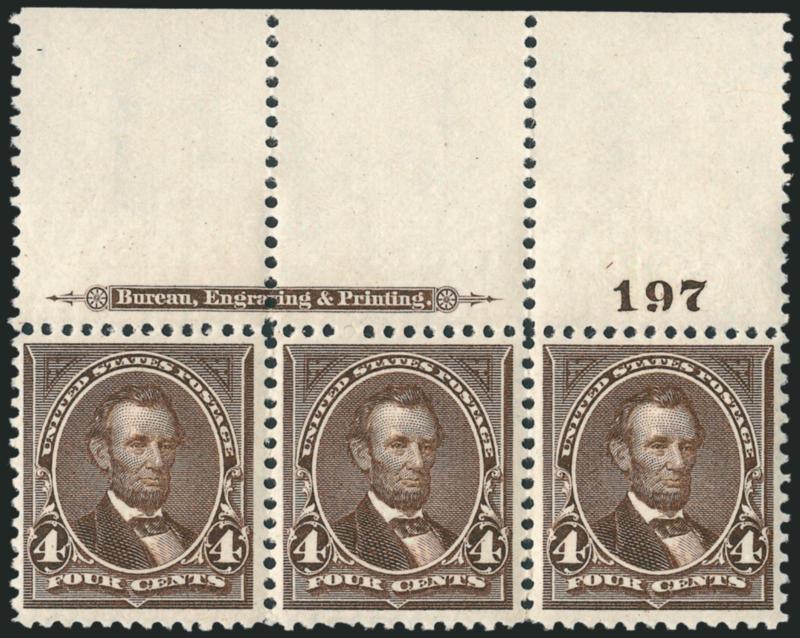 4c Dark Brown (269).> Wide top imprint and plate no. 197 strip of thee, Mint N.H., fresh and crisp, rich color, Fine-Very Fine