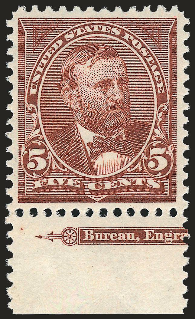 5c Chocolate (270).> Mint N.H. with <part imprint selvage at bottom,> gorgeous color on crisp and bright paper, wide and balanced margins, Extremely Fine Gem, a beautiful stamp, with 2008 P.S.E. certificate
(XF-Superb 95 SMQ $1,300.00)