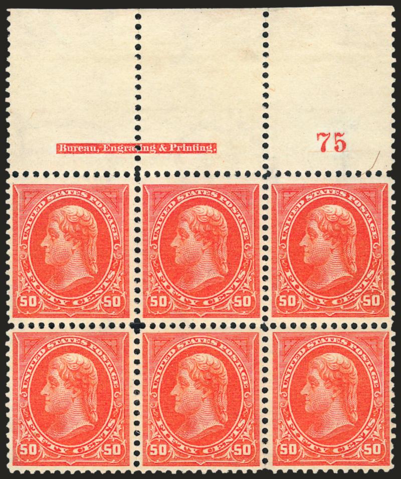50c Orange (275).> Mint N.H. top imprint and plate no. 75 block of six with wide selvage, brilliant color, unusually choice centering throughout<><>^EXTREMELY FINE GEM. A PRISTINE MINT NEVER-HINGED PLATE BLOCK
OF THE 1895 50-CENT WATERMARKED BUREAU