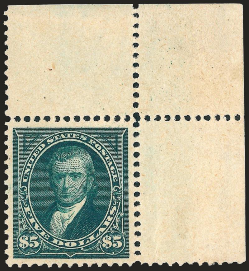 $5.00 Dark Green (278).> Original gum, lightly hinged, with <top right corner selvage,> intense shade and impression, choice centering, long and full perforations<><>^EXTREMELY FINE GEM. A MAGNIFICENT POSITION
PIECE OF THE 1895 $5.00 WATERMARKED BU