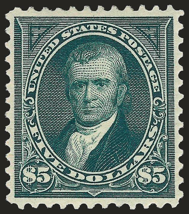 $5.00 Dark Green (278).> Original gum, lightly hinged, rich color, proof-like impression, well-proportioned margins<><>^EXTREMELY FINE. A BEAUTIFUL ORIGINAL-GUM EXAMPLE OF THE 1895 $5.00 WATERMARKED BUREAU
ISSUE. A STAMP OF TREMENDOUS VISUAL APPEAL