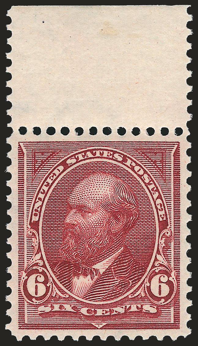 6c Lake (282).> Mint N.H. with selvage at top, brilliant color, sharp proof-like impression on bright paper, long and full perforations all around, mathematically perfect centering<><>^EXTREMELY FINE GEM. THIS
SUPERB STAMP HAS BEEN AWARDED THE GRAD