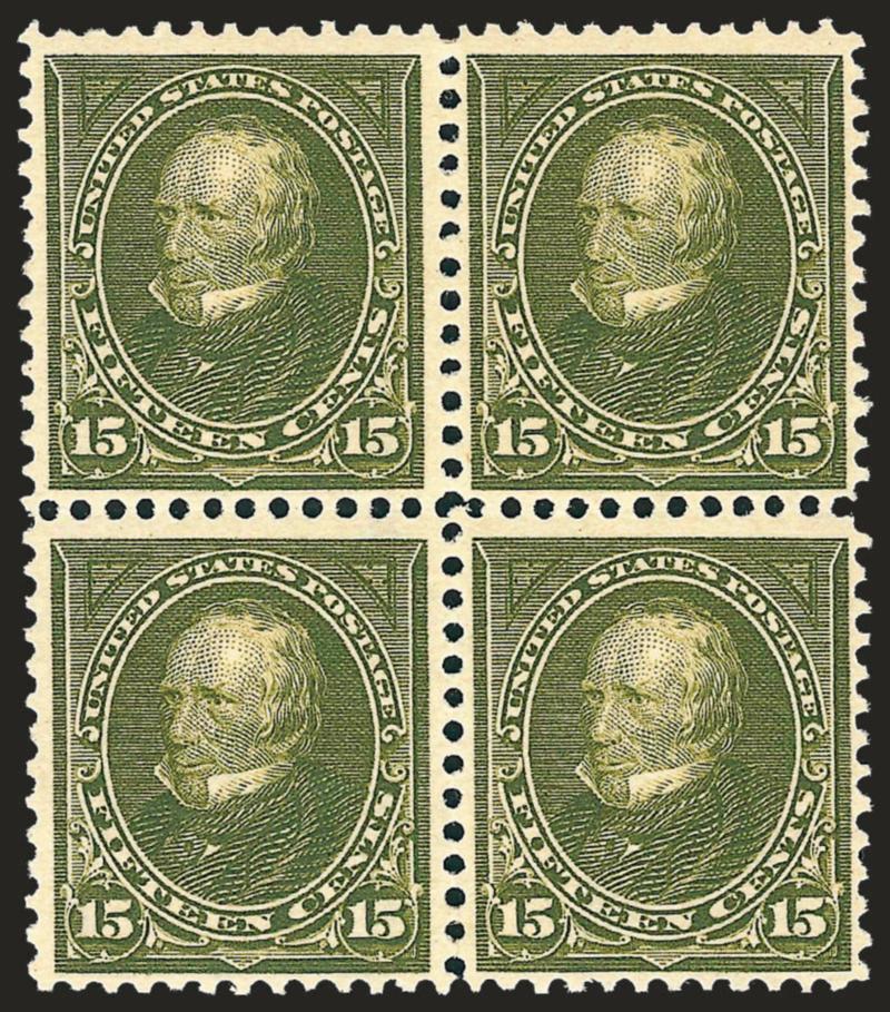 15c Olive Green (284).> Block of four, original gum, lightly hinged, rich color, Fine-Very Fine, with 2008 P.F. certificate
