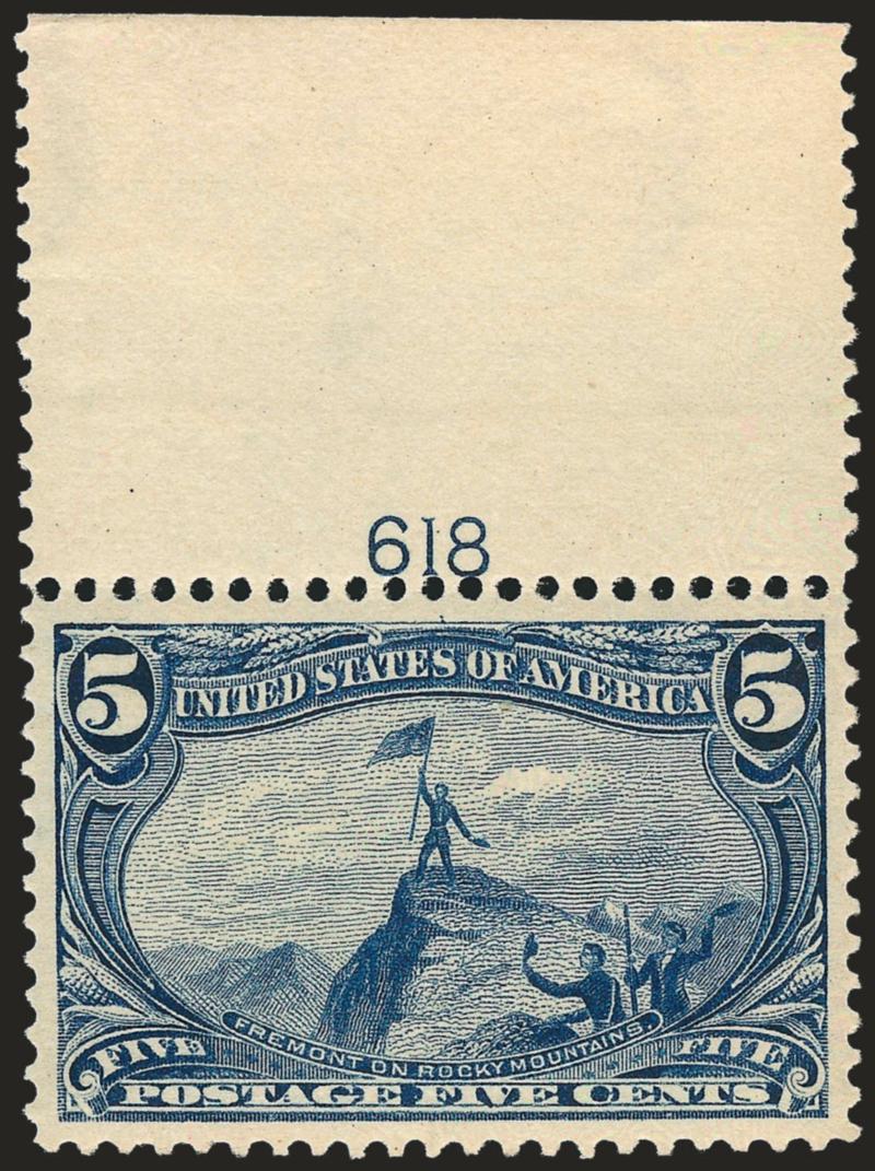5c Trans-Mississippi (288).> Mint N.H. with <plate no. 618 and wide selvage at top,> rich color and proof-like impression on bright paper, mathematically perfect centering<><>^EXTREMELY FINE GEM. THIS SUPERB
MINT NEVER-HINGED EXAMPLE OF THE 5-CENT