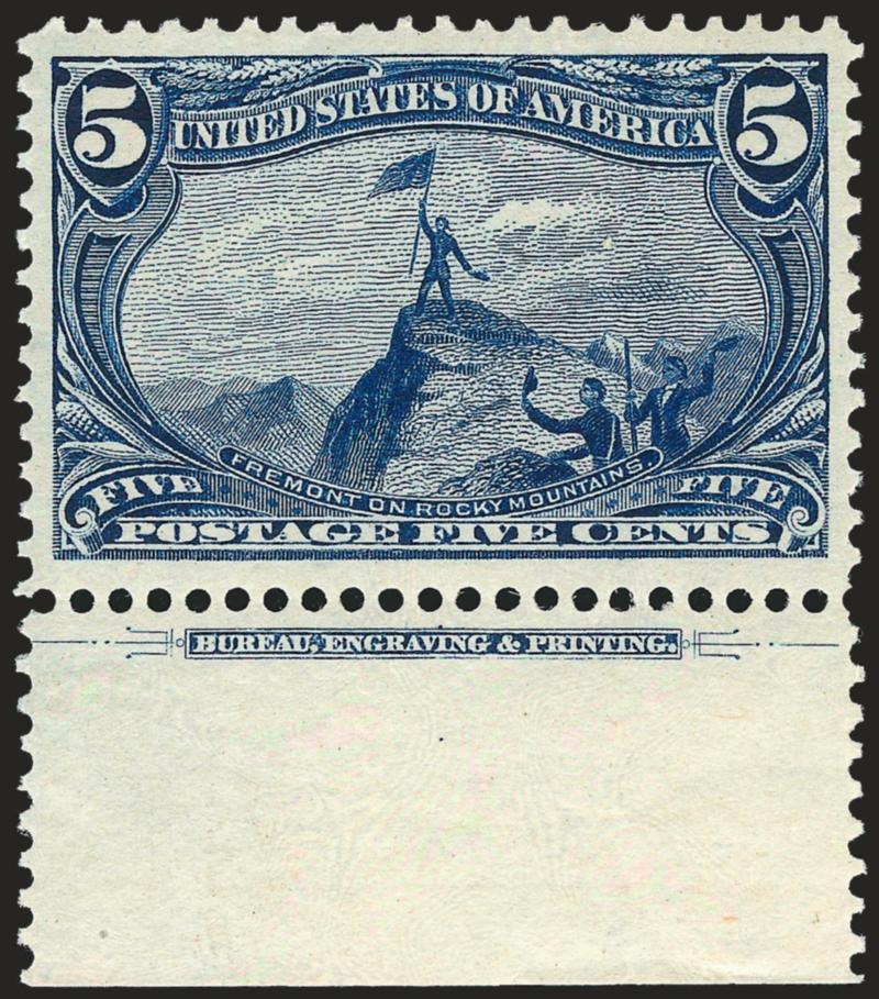5c Trans-Mississippi (288).> Mint N.H. with <imprint and wide selvage at bottom,> deep rich color and proof-like impression, unusually choice centering with wide margins<><>^EXTREMELY FINE GEM. A SUPERB MINT
NEVER-HINGED EXAMPLE OF THE 5-CENT TRANS