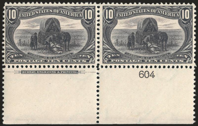 10c Trans-Mississippi (290).> Mint N.H. bottom imprint and plate no. 604 pair, deep rich color and proof-like impression, tiny flaws at extreme bottom edge of selvage (easily trimmed), Very Fine and choice,
with 2008 P.S.E. certificate