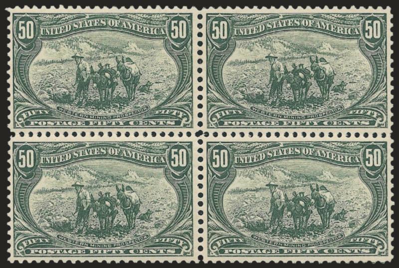 50c Trans-Mississippi (291).> Block of four, original gum, lightly hinged, brilliant color and crisp impression, choice centering<><>^EXTREMELY FINE. A BEAUTIFUL ORIGINAL-GUM BLOCK OF FOUR OF THE 50-CENT
TRANS-MISSISSIPPI ISSUE.^<><>With 1952 P.F
