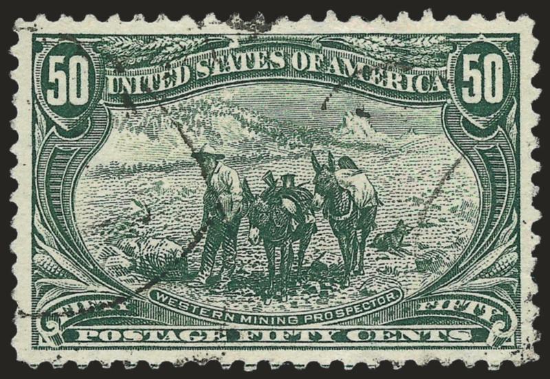 50c Trans-Mississippi (291).> Detailed impression on bright paper, unobtrusive cancel, wide margins, Extremely Fine, with 2007 P.S.E. certificate (XF 90 SMQ $520.00)