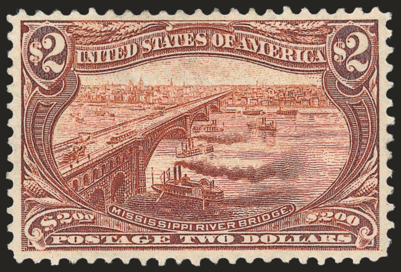 $2.00 Trans-Mississippi (293).> Original gum, lightly hinged, handsome margins and uncommonly well-centered, strong color and without any of the oxidation quite often seen on this top value<><>^EXTREMELY FINE.
AN EXCEPTIONALLY CHOICE ORIGINAL-GUM E