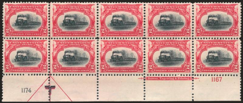 2c Pan-American (295).> Mint N.H. bottom imprint and double plate no. block of ten, deep rich colors, Very Fine-Extremely Fine, a beautiful plate block, with 2008 P.S.E. certificate