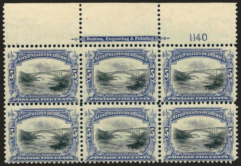 5c Pan-American (297).> Top imprint and plate no. 1140 block of six, lightly hinged in selvage only, rich frame color, some perf separations in top selvage, Fine