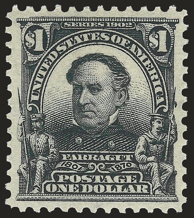 $1.00 Black (311).> Mint N.H., intense shade and proof-like impression, unusually wide and balanced margins, long and full perforations all around<><>^EXTREMELY FINE GEM. A SUPERB MINT NEVER-HINGED EXAMPLE OF
THE $1.00 1902 ISSUE, WHICH HAS BEEN GR