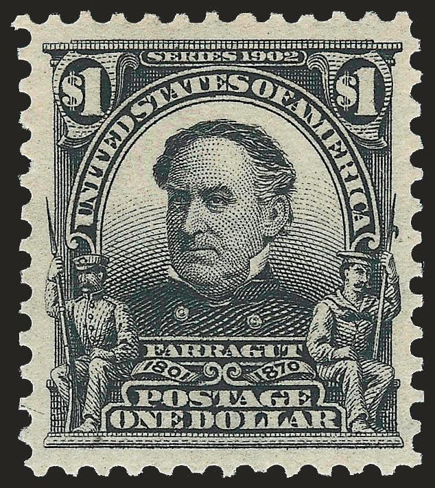 $1.00 Black (311).> Mint N.H., remarkably detailed impression and deep shade, choice centering<><>^EXTREMELY FINE MINT NEVER-HINGED EXAMPLE OF THE $1.00 1902 ISSUE.^<><>With 2008 P.S.E. certificate (XF 90 SMQ
$4,850.00)
