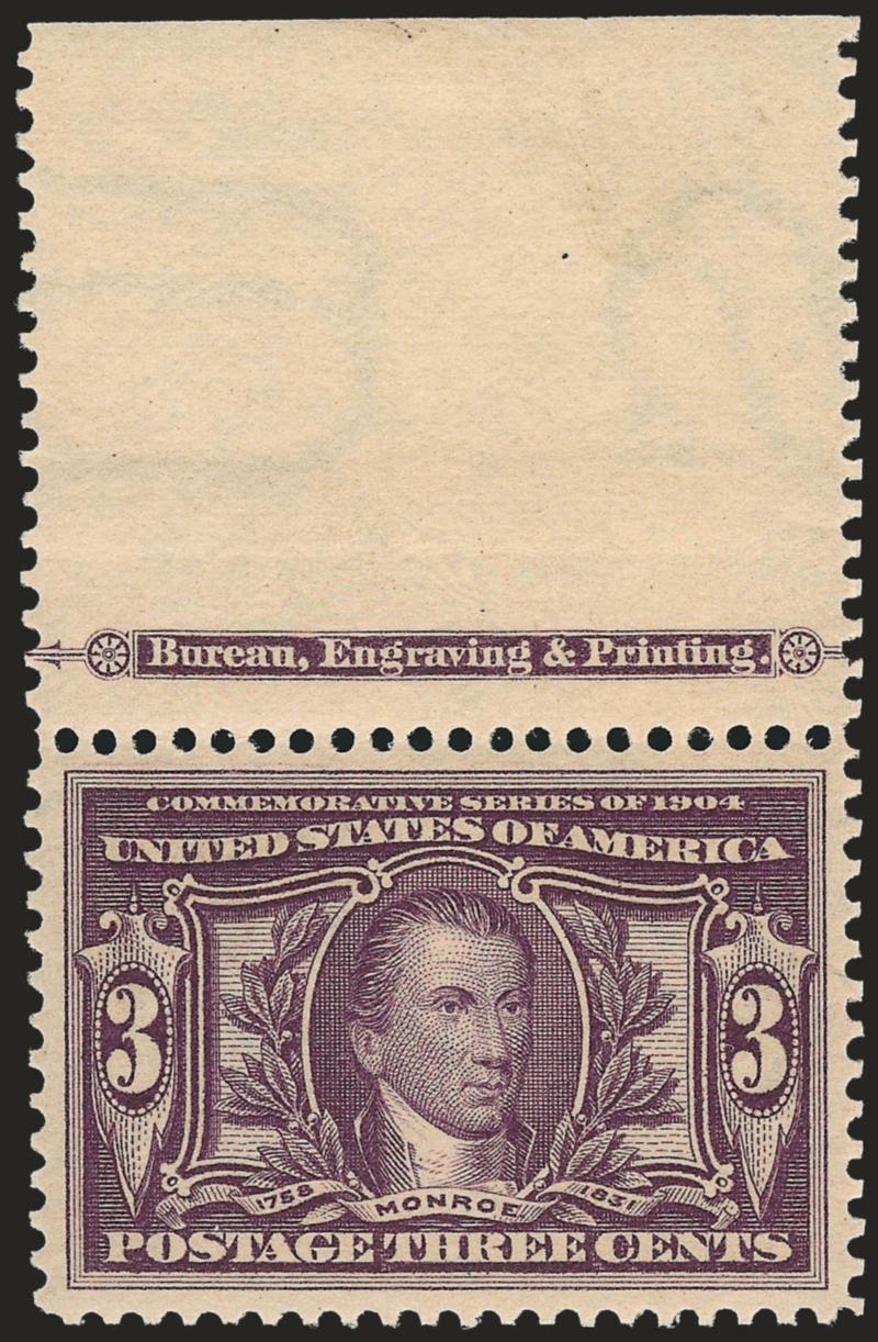 3c Louisiana Purchase (325).> Mint N.H. with <imprint and wide top selvage,> rich color and proof-like impression, Jumbo margins<><>^EXTREMELY FINE GEM. A SUPERB MINT NEVER-HINGED EXAMPLE OF THE 3-CENT
LOUISIANA PURCHASE, WHICH HAS BEEN GRADED XF-S