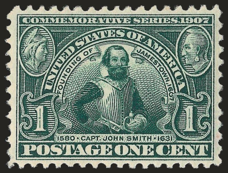 1c Jamestown (328).> Mint N.H., intense shade and impression, significant better centering than usually found on this difficult issue, Extremely Fine Gem, with 2008 P.S.E. certificate (XF-Superb 95 SMQ
$880.00)