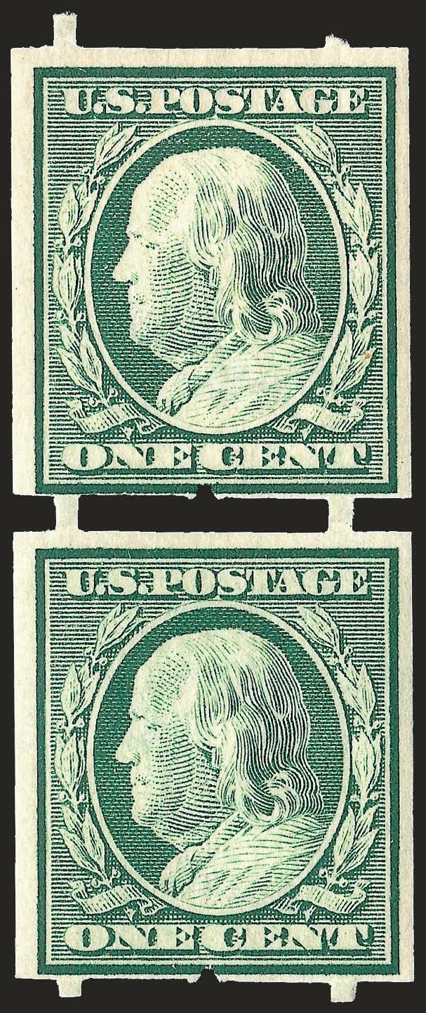 1c Green, Attleboro Stamp Co. Private Perforations (343).> Vertical pair, bottom stamp Mint N.H., Very Fine, these fragile private productions were used by the Attleboro Co. on their newsletters in mid to late
1909, with 2004 P.F. certificate