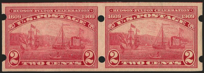 2c Hudson-Fulton, Brinkerhoff Ty. II, Coiled Sidewise (373).> Mint N.H. pair, well-centered, Very Fine, signed Belasco and with 2004 P.F. certificate, Scott Retail as hinged