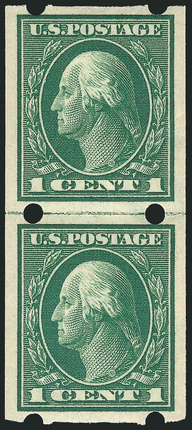 1c Green, 2c Carmine, Brinkerhoff Ty. II, IIa (384, 408-409).> Four items, incl. Mint N.H. pairs of Ty. II and lightly hinged <guide line pair> of No. 408 Ty. IIa (signed H. Bloch and with 1970 Friedl
certificate), fresh and Very Fine, Scott Retail a