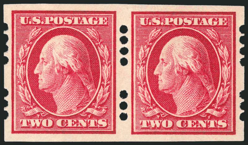 2c Carmine, Farwell 4B3 Perforations, 2.7mm Spacing (384).> Pair, lightly hinged, Extremely Fine, exceptionally choice condition for this scarce Farwell perf, with 1995 P.F. certificate