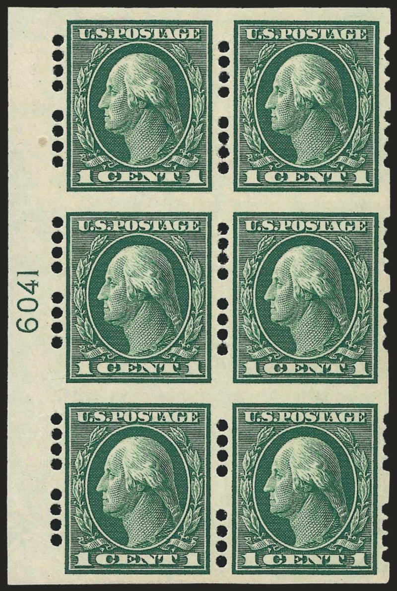 1c Green, Farwell Group 4 (408).> Left plate no. 6041 block of six, four stamps Mint N.H., <combination 4A44A44B4 configuration,> Extremely Fine, very scarce, with 1984 P.F. certificate