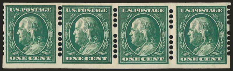 1c Green, Farwell 4A5 Perforations, 2mm and 3mm Spacing (383).> Strip of four, lightly hinged, Very Fine, an outstanding rarity and one of the highlights of the collection, ex Murphy, with 1989 P.F.
certificate