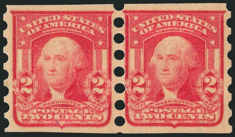 2c Scarlet, Mailometer Ty. II (320b).> Pair, lightly hinged, bright color, almost perfectly centered, Extremely Fine, a wonderfully choice pair of this scarce Mailometer coil, ex Agris, with 1977 and 2003 P.F.
certificates