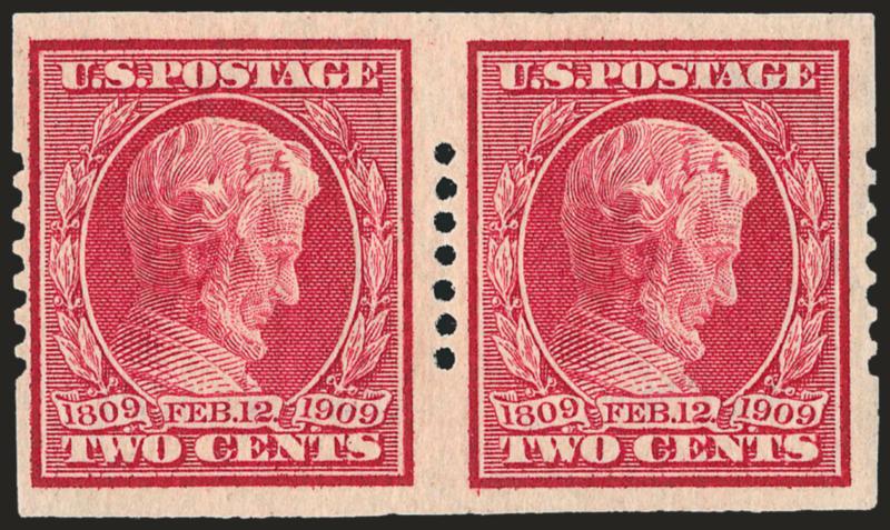 2c Lincoln, Schermack Ty. I, Seven Holes (368).> Pair, lightly hinged, Very Fine and very scarce, with 1995 P.S.E. certificate