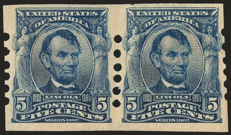 5c Blue, Schermack Ty. II (315).> Pair, rich color, minute tear in the top margin of the right stamp<><>^VERY FINE. A GREAT RARITY AND ONE OF THE MOST IMPORTANT OF ALL THE PRIVATE VENDING MACHINE
ISSUES.^<><>There are believed to be eight pairs k