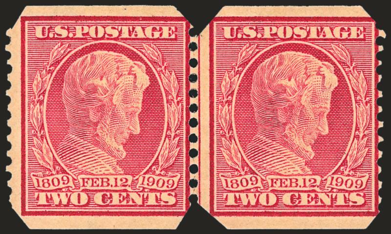 2c Lincoln, U.S. Automatic Vending Co. Ty. III, Experimental 12.3 Perforation (368).> Guide line pair, lightly hinged a few insignificant reinforced perfs not mentioned on accompanying certificate<><>^FINE. A
RENOWNED RARITY AMONG PRIVATE VENDING M
