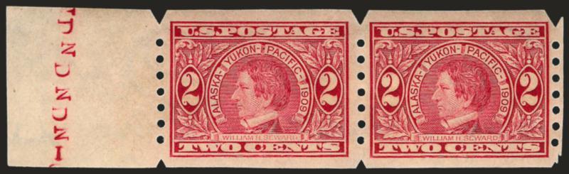 2c 1909 Commemoratives, U.S. Automatic Vending Co. Ty. III (368, 371, 373).> Pairs, No. 368 3mm spacing (Stanley Gibbons handstamp guarantee), last two with left sheet margin (letters and half arrow
respectively), Extremely Fine lot
