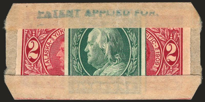 1c Green, 2c Alaska-Yukon, U.S. Automatic Vending Co. Pocket Ty. 2-3 (343, 371).> One and two respectively, the 1c with U.S. Auto Vend Ty. I perforations, Mint N.H., handstamp Patent Applied For and numbered
222 on reverse<><>^VERY FINE. AN EXC
