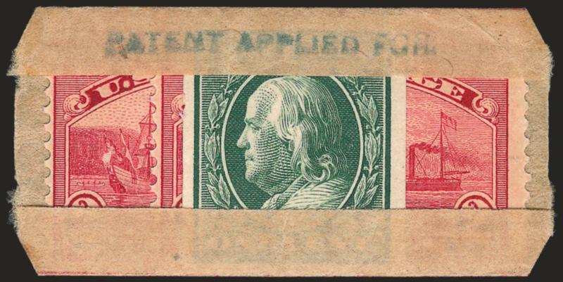 1c Green, 2c Hudson-Fulton, U.S. Automatic Vending Co. Pocket Ty. 2-2 (343, 372).> One and two respectively, Mint N.H., handstamp Patent Applied For and numbered 236 on reverse, Very Fine and very scarce, with
2004 P.S.E. certificate