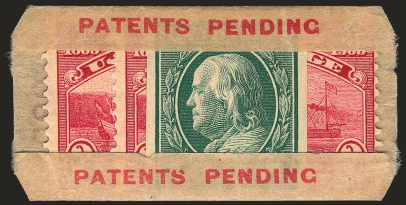 1c Green, 2c Hudson-Fulton, U.S. Automatic Vending Co. Pocket Ty. 3-1A (343, 372).> One and two respectively, Mint N.H., red Patents Pending and numbered 090 on reverse, Very Fine and very scarce, signed
Belasco