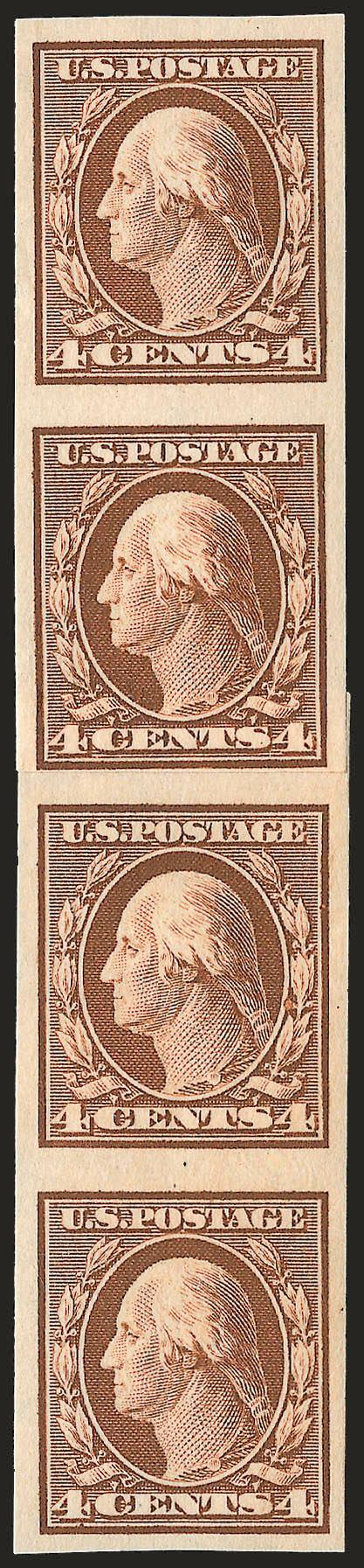 1c-4c 1908-10 Issue, Imperforate Coils (344V, 346V, 383V).> Paste-up strips of four, approximately half the stamps Mint N.H., the 2c with <plate no. paste-up,> Fine-Very Fine, first two with 2002 P.F.
certificates, last with 2007 P.F. certificate