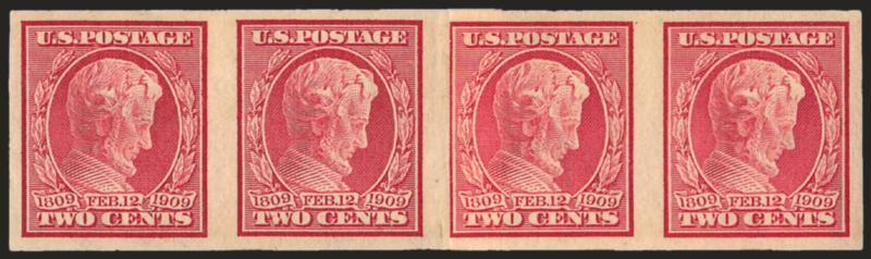 2c Lincoln, Imperforate Coil (368H).> Mint N.H. paste-up strip of four, Extremely Fine, scarce, with 2001 P.S.E. certificate