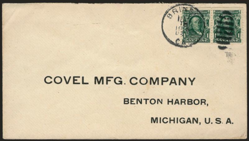 1c Blue Green, Rosback Private Perforations (314 var.).> Horizontal pair, perforations gauge about 11-12, tied by Brinson Cal. 1915 grid duplex datestamp on Covel Manufacturing Co. printed address cover,
Extremely Fine, with 1992 A.P.S. certificat