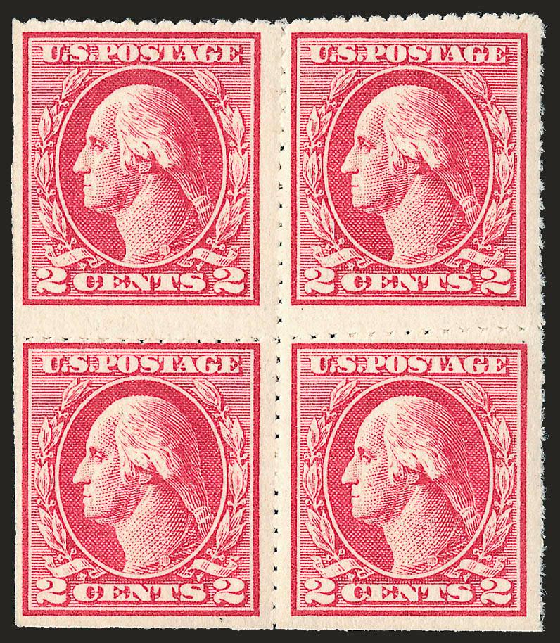 2c Carmine, Ty. IV, Wilson Roulette, 1c Green Kansas City Roulette (532 var, 408 var).> Mint N.H. block of four of first, two Mint N.H. blocks of second, Very Fine and choice, with 2002 P.F. certificate for the
Wilson Roulette