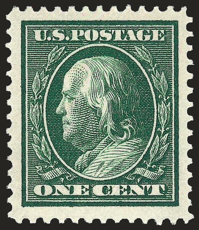 1c Green (331).> Mint N.H., rich color on bright paper, perfectly centered with enormous margins, Extremely Fine Gem, a phenomenal stamp in every respect, ex Odeneal, with 2007 P.S.E. certificate (XF-Superb 95
Jumbo SMQ $290.00 as 95, $1,050.00 as 9