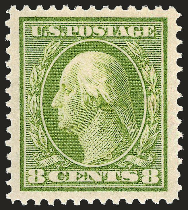 8c Olive Green (337).> Mint N.H., vibrant color, detailed impression, gorgeous centering with Jumbo margins<><>^EXTREMELY FINE GEM. A SUPERB MINT NEVER-HINGED EXAMPLE OF THE 8-CENT PERF 12 SINGLE-LINE
WATERMARK, SCOTT 337, WHICH HAS BEEN GRADED XF-