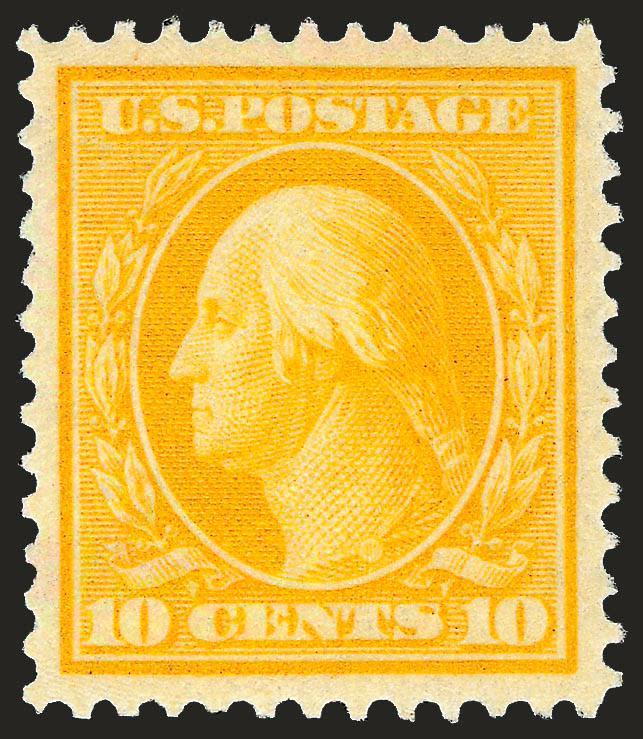10c Yellow (338).> Mint N.H., vivid color as fresh as the day it was printed, post-office fresh, perfectly centered with wide and balanced margins, long and full perforations all around<><>^EXTREMELY FINE GEM.
THIS MAGNIFICENT STAMP, WHICH LOOKS LI