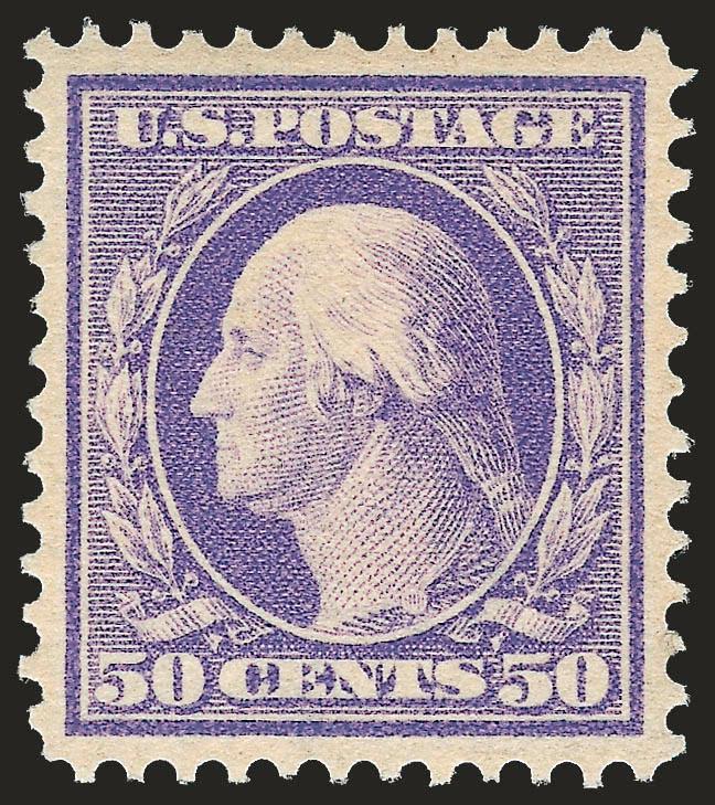 50c Violet (341).> Mint N.H., radiant color, detailed impression on post-office fresh paper, almost perfectly centered with well-balanced margins<><>^EXTREMELY FINE GEM. A BEAUTIFUL MINT NEVER-HINGED EXAMPLE OF
THE 50-CENT 1909 PERF 12 DOUBLE-LINE