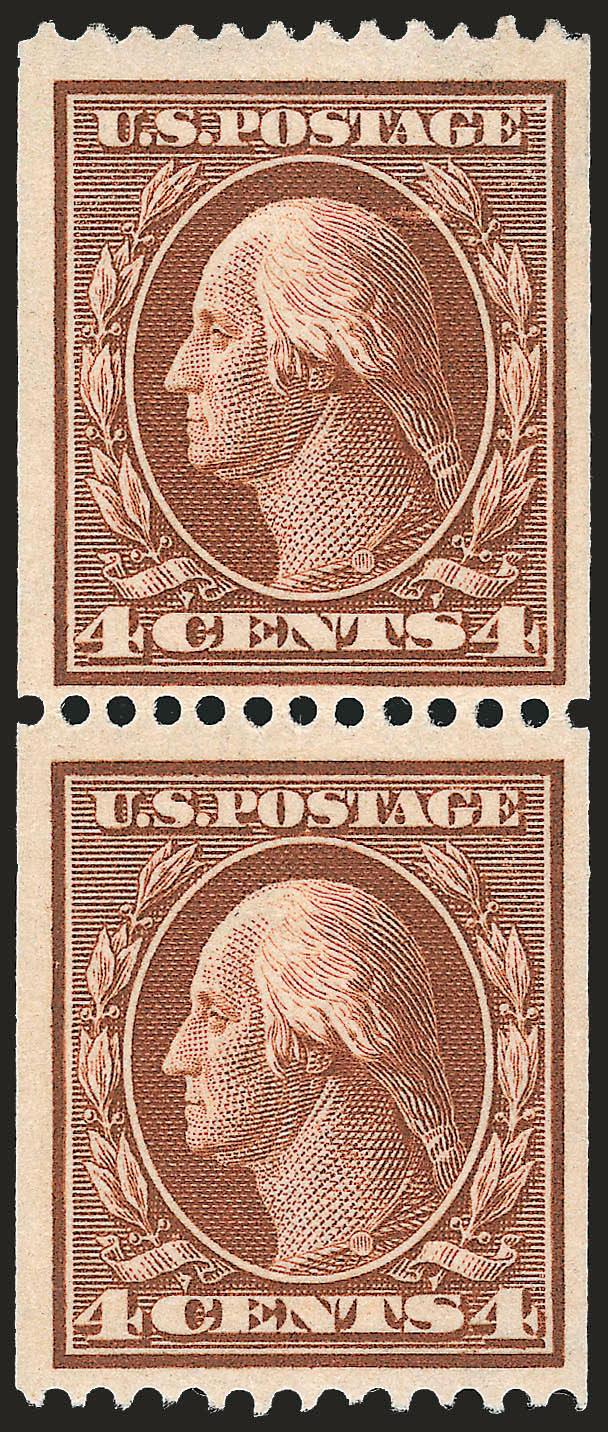 4c Orange Brown, Coil (350).> Pair, top stamp lightly hinged, bottom stamp Mint N.H., Fine-Very Fine, with 2008 P.S.E. certificate, Scott Retail as hinged and Mint N.H. singles