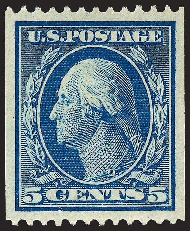 5c Blue, Coil (351).> Mint N.H., brilliant color on bright and crisp paper, almost perfectly centered with wide and balanced margins<><>^EXTREMELY FINE GEM. A SUPERB MINT NEVER-HINGED EXAMPLE OF THIS COIL
ISSUE, WHICH HAS BEEN GRADED SUPERB 98 BY P