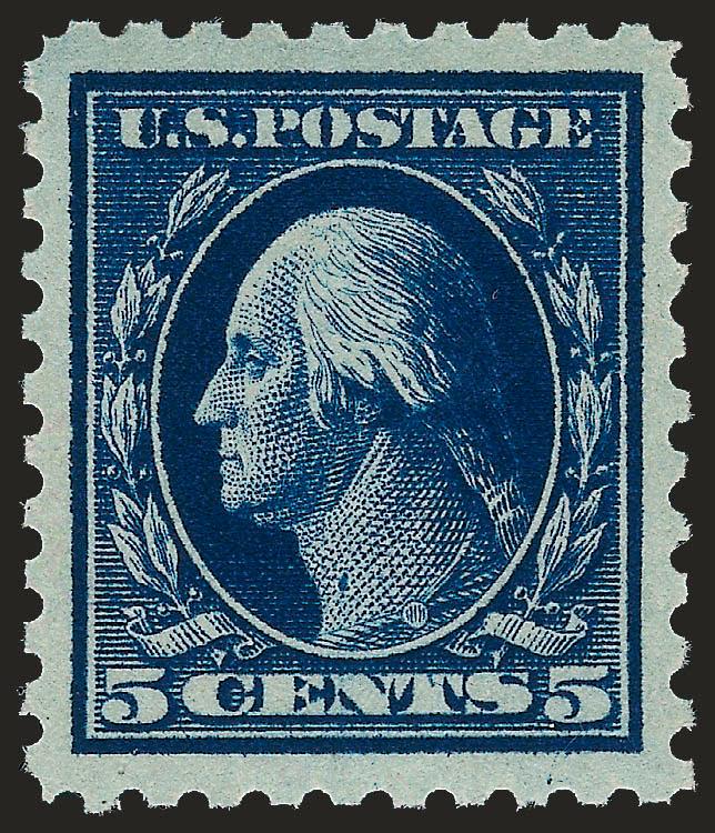 5c Dark Blue (428).> Mint N.H., wide balanced Jumbo margins, striking intense color on crisp paper<><>^EXTREMELY FINE GEM. A MOST IMPRESSIVE MINT NEVER-HINGED JUMBO-MARGINED EXAMPLE OF THE 5-CENT WATERMARKED
PERF 10 ISSUE.^<><>With 2000 P.F. and